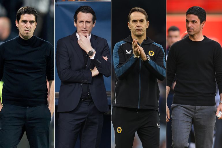 كومبو من اليمين بين: mikel arteta و julen lopetegui و unai emery و andoni iraola