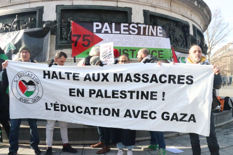 paris, france - january 20: people, holding banners and palestinian flags, gather to join a pro-palestinian march from republic square paris towards european council in brussels to protest against israeli attacks over gaza, on january 20, 2024 in paris, france. ( ümit dönmez - anadolu agency )