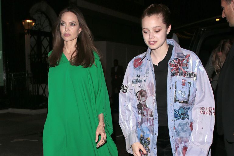 LONDON, ENGLAND - OCTOBER 27: Angelina Jolie and Shiloh Jolie-Pitt seen attending The Eternals - UK film premiere afterparty at Maison Estelle on October 27, 2021 in London, England. (Photo by Ricky Vigil M/GC Images)