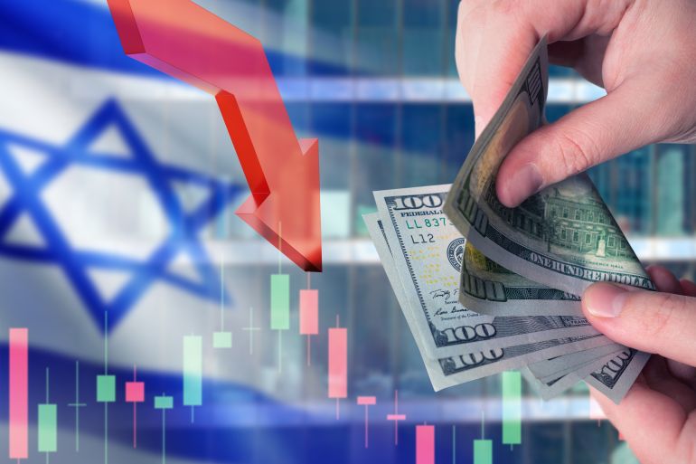 Business in Israel. Money in hands of man. Flag of Israel. Down arrow metaphor for crisis. Investment chart. Problems in Israeli economy concept. Problems for business from Israel.; Shutterstock ID 2397367713; purchase_order: AJA; job: ; client: ; other: