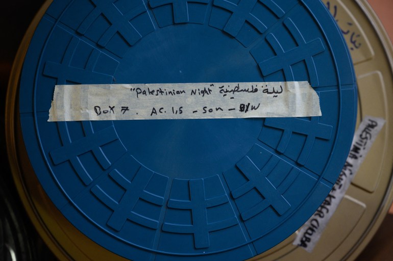 this photograph shows a reel of palestinian film, part of a collection of 40 palestinian films made between 1960 and 1980, is displayed at the conservation and research center of the toulouse cinematheque, in toulouse, southwestern france, on august 1, 2024.