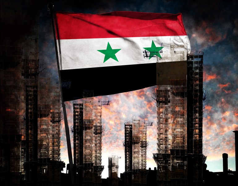 syrian flag and tall buildings combined with sunrise and sunset. describes the current state of real estate in the ...