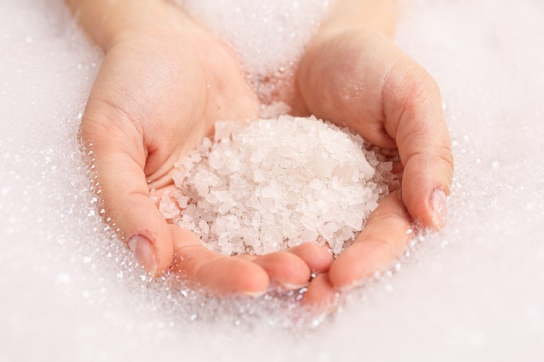 white sea bath salt. spa treatments.