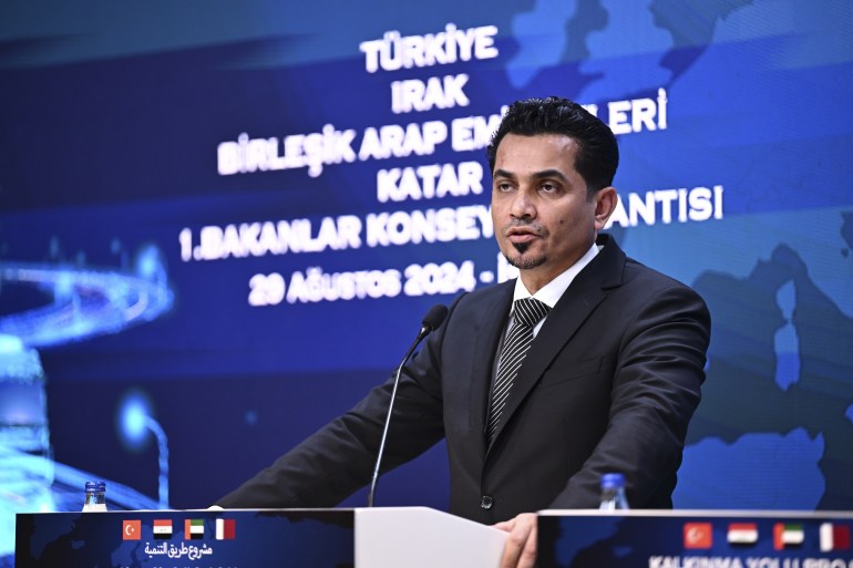 istanbul, turkiye - august 29: iraqi minister of transportation rezzak muheybes al-sadawi speaks at the press conference following the 1st ministerial council meeting of the development road project turkiye-iraq-uae-qatar held at the dolmabahce palace in istanbul, turkiye on august 29, 2024. ( arif hüdaverdi yaman - anadolu agency )