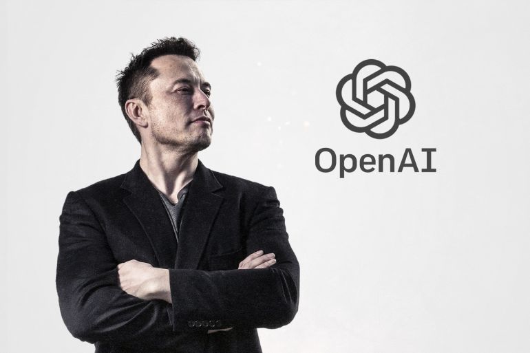 صورة لإيلون ماسك مع شعار شركة أوبن إيه آي open ai