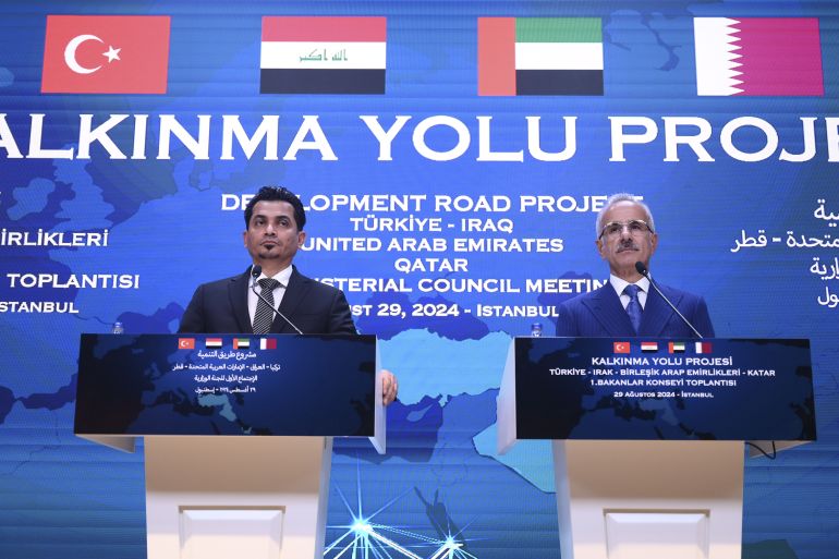 istanbul, turkiye - august 29: turkish minister of transport and infrastructure abdulkadir uraloglu (r) and iraqi minister of transportation rezzak muheybes al-sadawi (l) speak at the press conference following the 1st ministerial council meeting of the development road project turkiye-iraq-uae-qatar held at the dolmabahce palace in istanbul, turkiye on august 29, 2024. ( arif hüdaverdi yaman - anadolu agency )