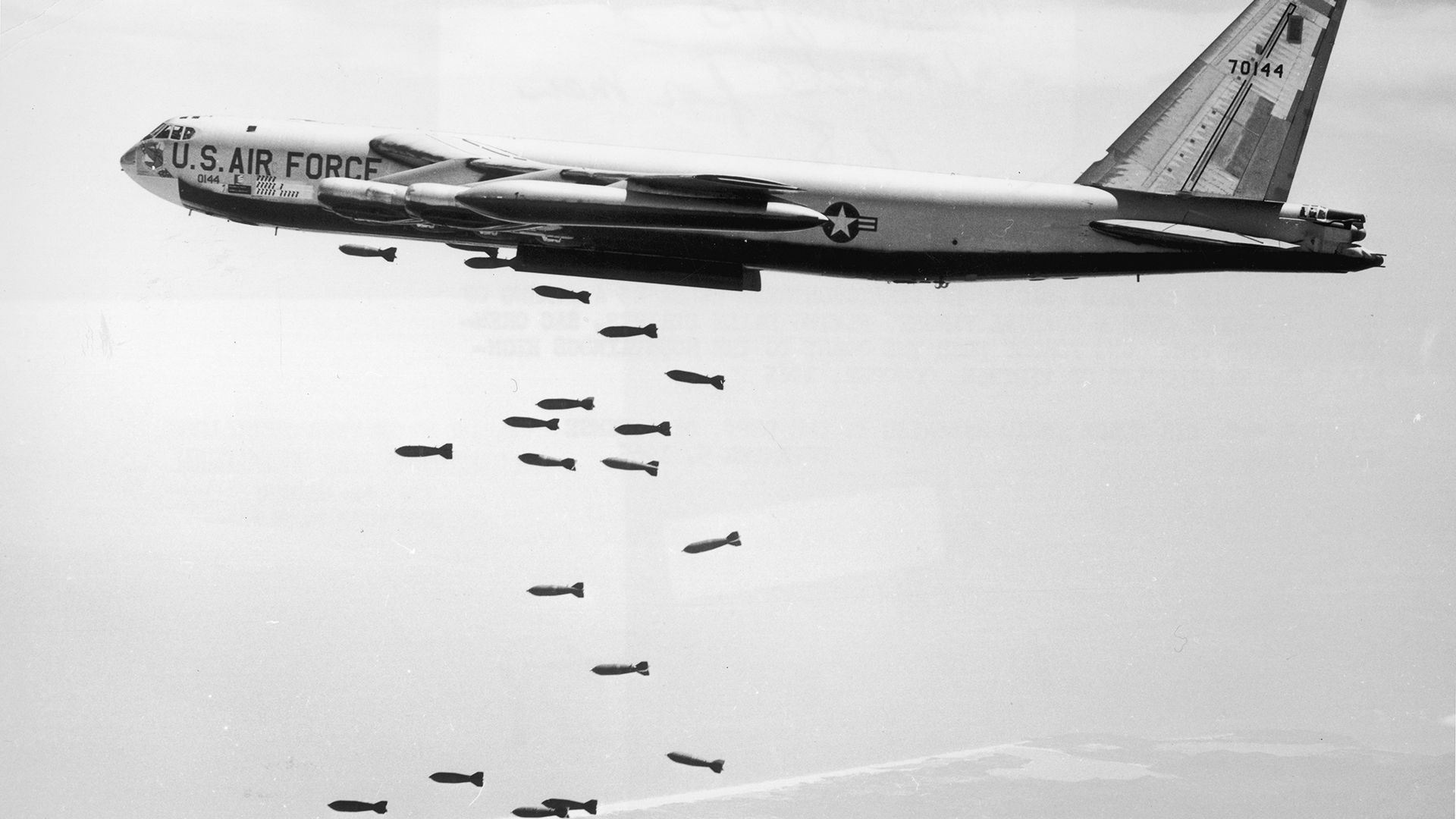 october 1965: a us air force strategic air command (sac) b-52 stratofortress drops a string of 750-pound bombs over a coastal target in the republic of vietnam during the vietnam war. official u.s. air force photo released by the department of defense. (photo by us air force/getty images)