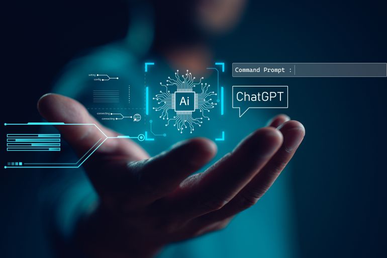 ai tech, businessman show virtual graphic global internet connect chatgpt chat with ai, artificial intelligence. using command prompt for generates something, futuristic technology transformation.