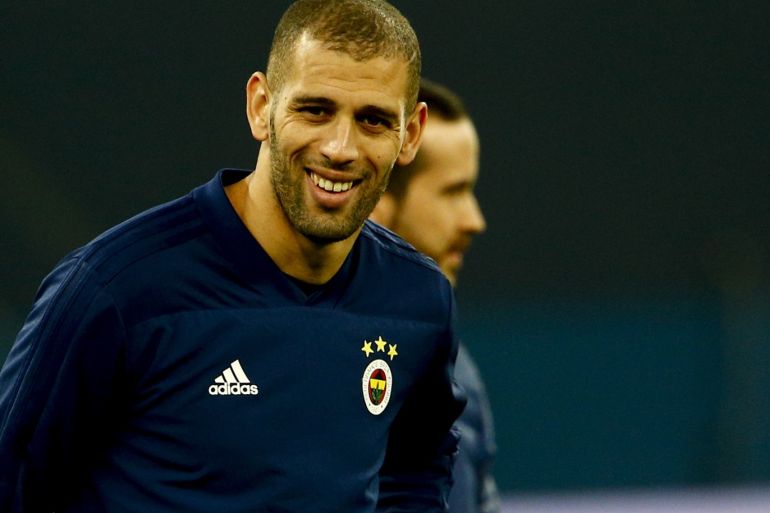 ahead of zenit vs fenerbahce: uefa europa league- - saint petersburg, russia - february 20: fenerbahce's islam slimani attends a training session ahead of the uefa europa league round of 32 soccer match between zenit and fenerbahce at the gazprom arena in saint petersburg, russia on february 20, 2019.