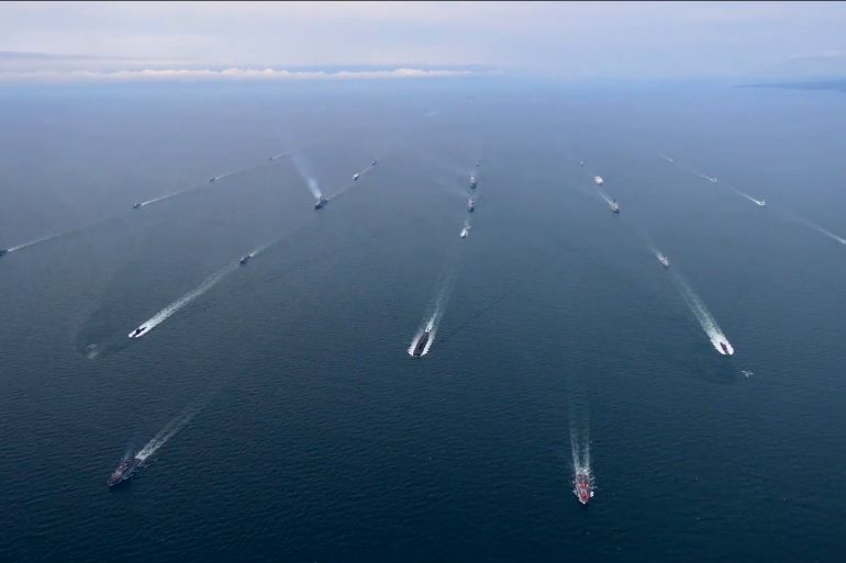 epa11596895 a handout still image taken from handout video provided by the russian defence ministry press-service shows russian warships during the strategic command and staff navy exercises ocean 2024 near vladivostok, russia, 10 september 2024. epa-efe/russian defence ministry press service / handout handout editorial use only/no sales