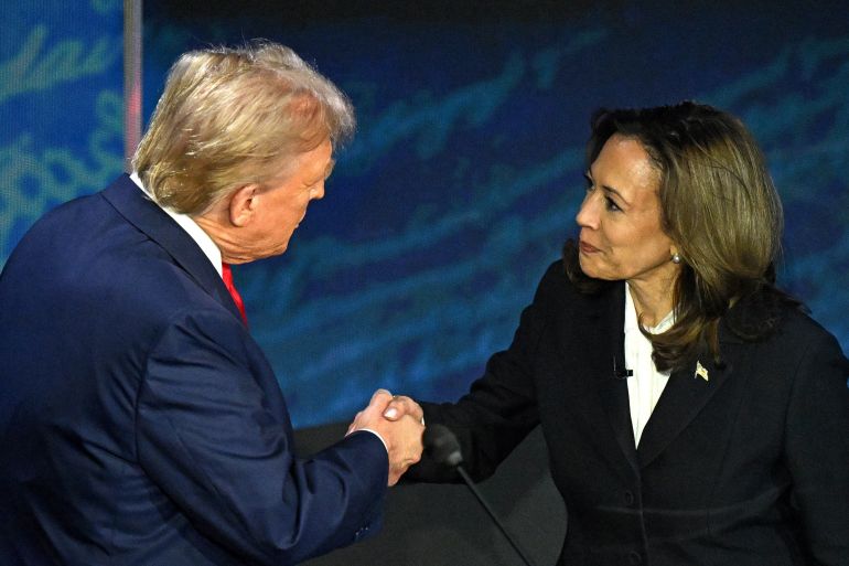 vice president kamala harris shakes hands with former president donald trump during a presidential debate in philadelphia, on september 10, 2024. saul loeb/afp via getty images