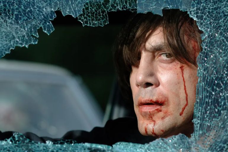 Javier Bardem in No Country for Old Men. The noise of the broken glass tinkling to the pavement was painstakingly created by Skip Lievsay, one of the top sound designers in cinema. Photograph: Imagenet