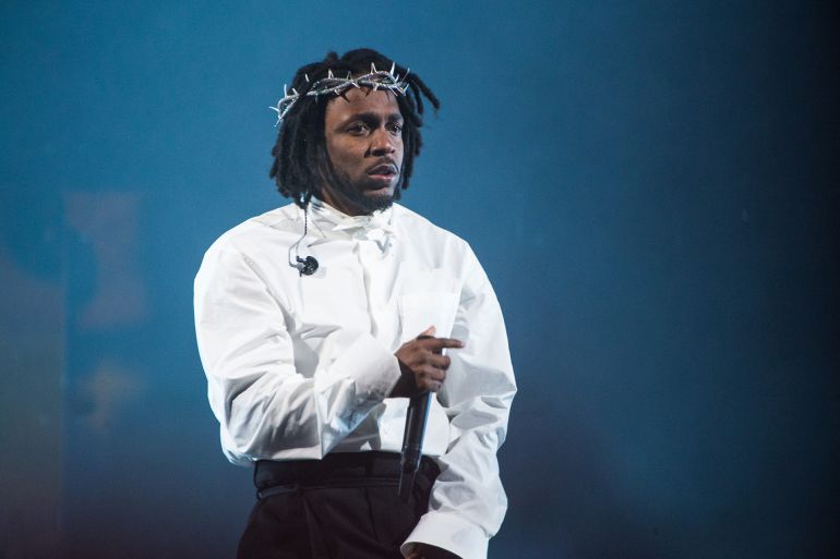 GLASTONBURY, ENGLAND - JUNE 26: Kendrick Lamar performs on the Pyramid stage during day five of Glastonbury Festival at Worthy Farm, Pilton on June 26, 2022 in Glastonbury, England. (Photo by Joseph Okpako/WireImage)