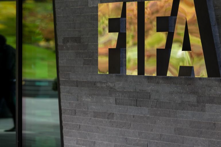 zurich, switzerland - october 13: a fifa logo next to the entrance during part i of the fifa council meeting 2016 at the fifa headquarters on october 13, 2016 in zurich, switzerland. (photo by philipp schmidli/getty images)