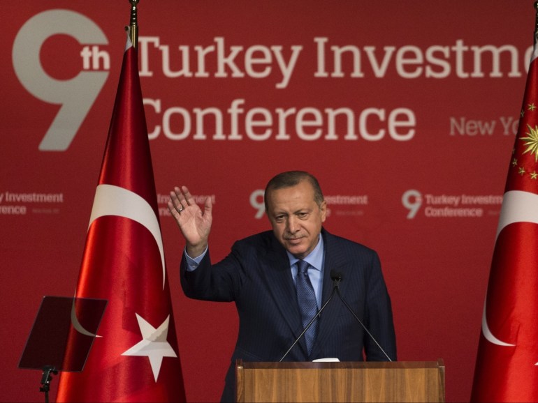 president of turkey recep tayyip erdogan in new york- - new york, usa - september 26: president of turkey recep tayyip erdogan addresses the 9th turkey investment conference held by the turkey-u.s. business council (taik) in new york, united states on september 26, 2018.