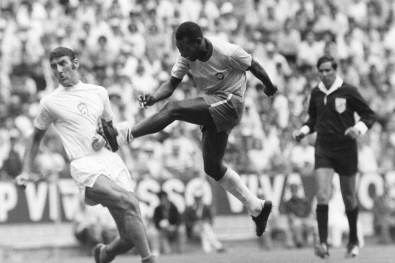 1970: world cup mexico. pele shoots during brazils match against czechoslovakia. mandatory credit: allsport hulton/archive