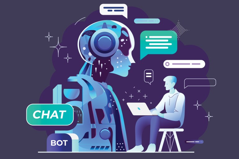 chatbot, using and chatting artificial intelligence chat bot developed by tech company. digital chat bot, robot application, conversation assistant concept. optimizing language models for dialogue.