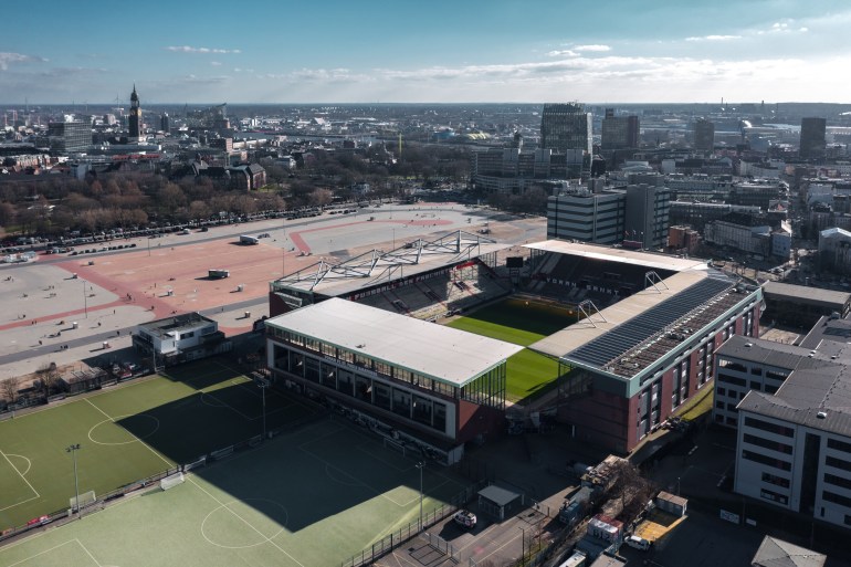 hamburg, germany - march 2022: aerial spring view over heiligengeistfeld and millerntor-stadion, home stadium of football club fc st. pauli