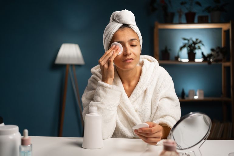 face care routine in home interior. hispanic woman in towel looking at mirror and using micellar water with white cosmetic cotton pad for makeup removal. copy space