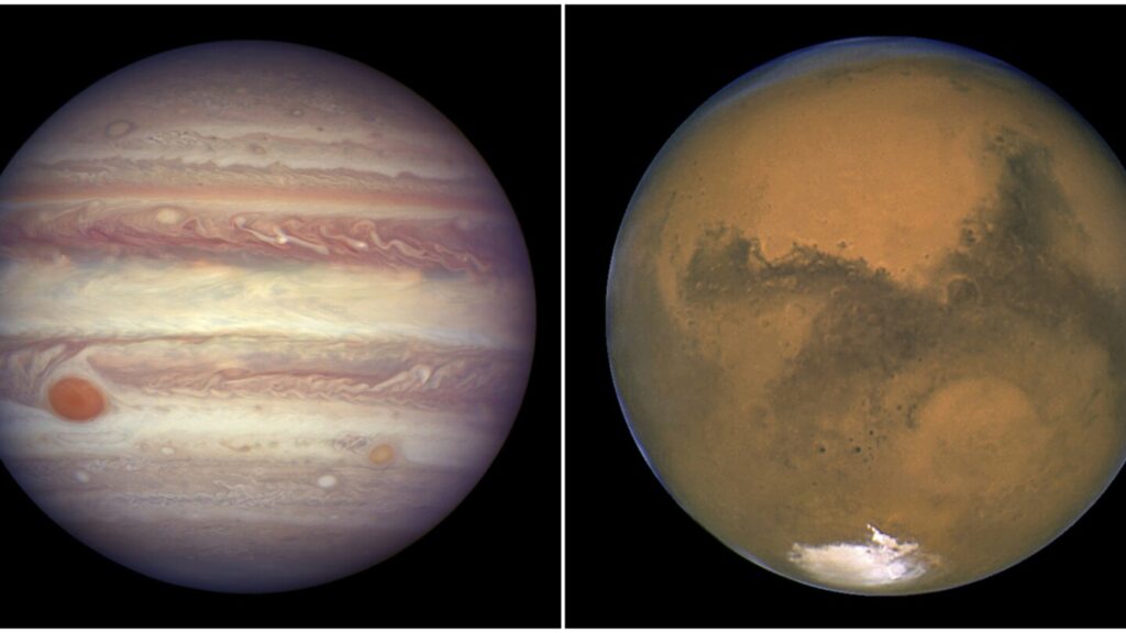 Mars and Jupiter get chummy in the night sky. The planets won’t get this close again until 2033