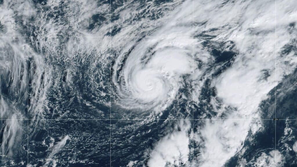 Hurricane Isaac and Tropical Storm Joyce move through the open Atlantic far from land