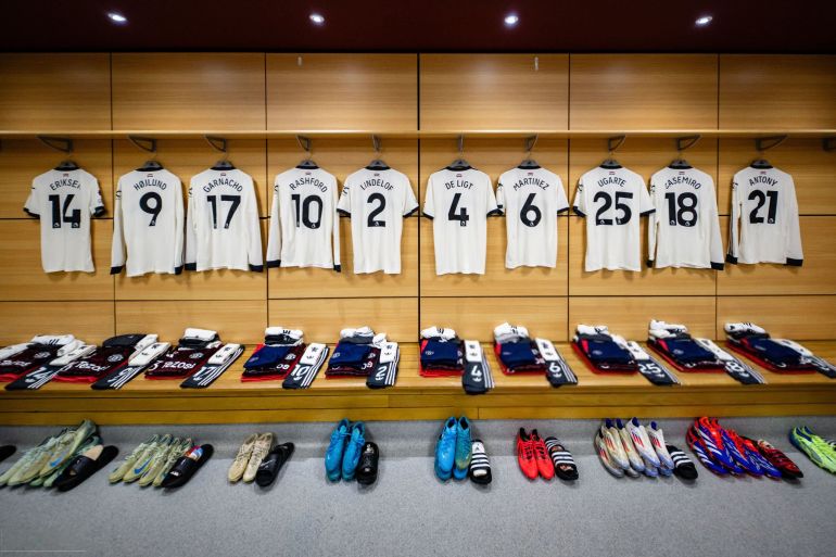 birmingham, england - october 5: general view of manchester united kit in the away dressing room prior to the premier league match between aston villa fc and manchester united fc at villa park on october 5, 2024 in birmingham, united kingdom. (photo by ash donelon/manchester united via getty images)