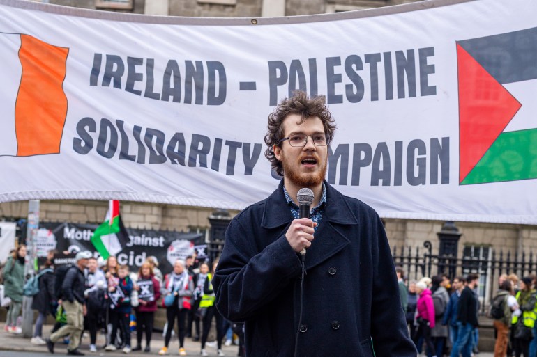 dublin, ireland - may 4 2024 trinity college student union president lászló molnárfi speaks at a protest as a bds encampment for palestine takes place demanding the college cut its ties with israel