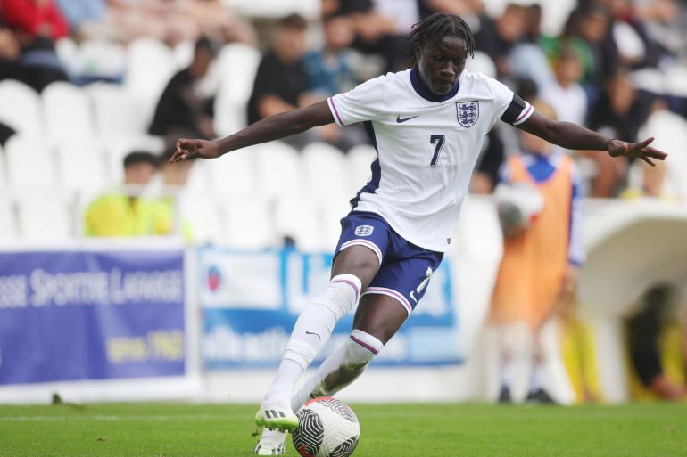 limoges, france - september 04: mateus mane of england in action during the lafarge u18s international tournament match between england and portugal on september 04, 2024 in limoges, france. (photo by johannes simon - the fa/the fa via getty images)