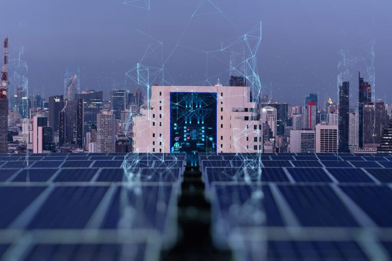 smart green city and renewable concept.ai solar panels linkage to the city need power. green energy for the city.; shutterstock id 1626737806; purchase_order: aljazeera ; job: ; client: ; other: