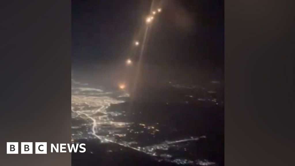 3 hrs agoWatch: View from above as Iran fires missiles towards IsraelVideo footage filmed inside a plane on Tuesday night shows missiles launched from Iran.3 hrs agoMiddle East