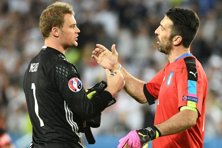 Italy's goalkeeper Gianluigi Buffon (R) congratulates Germany's goalkeeper Manuel Neuer after Germany won the match in nine penalty shoot-outs in the Euro 2016 quarter-final football match between Germany and Italy at the Matmut Atlantique stadium in Bordeaux on July 2, 2016. / AFP / VINCENZO PINTO        (Photo credit should read VINCENZO PINTO/AFP/Getty Images)