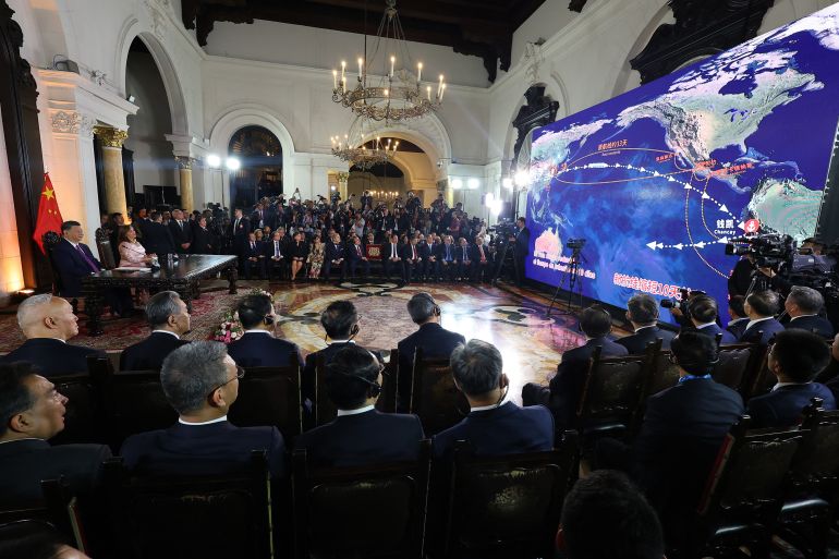 china's president xi jinping (l) and peru's president dina boluarte attend the virtual inauguration ceremony of the chancay "megaport" in the small town of chancay, 78 kilometers north of the peruvian capital, at the government palace in lima on november 14, 2024, on the sidelines of the asia-pacific economic cooperation (apec) summit. (photo by hugo curotto / afp)