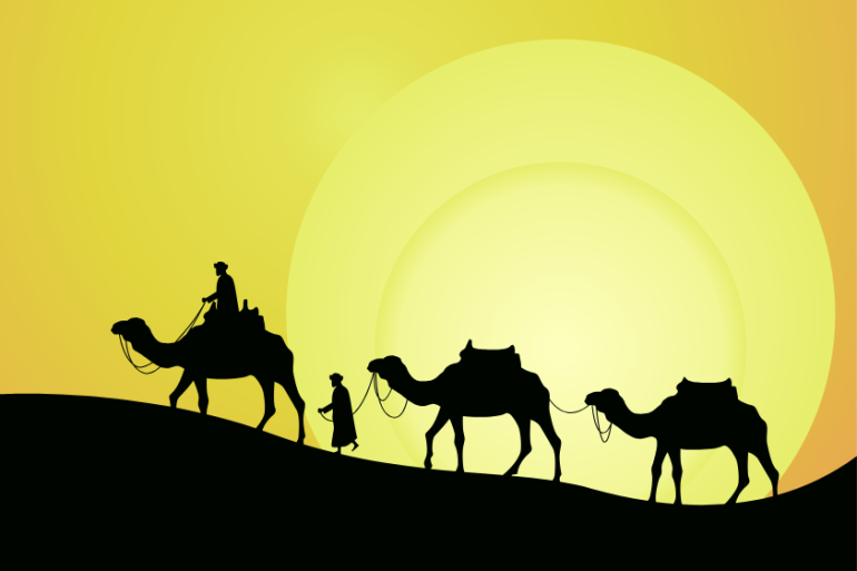 stock vector camel caravan going through the desert on beautiful sunset background graphic illustration