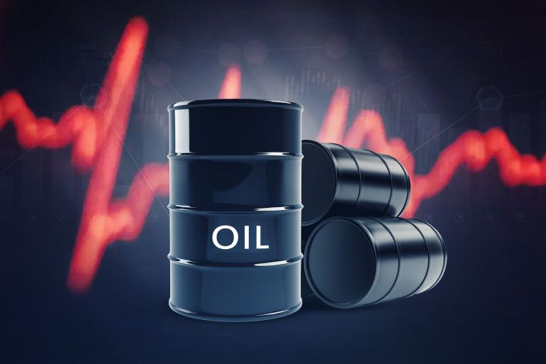 oil barrels with red falling oil price chart, oil prices moving down.