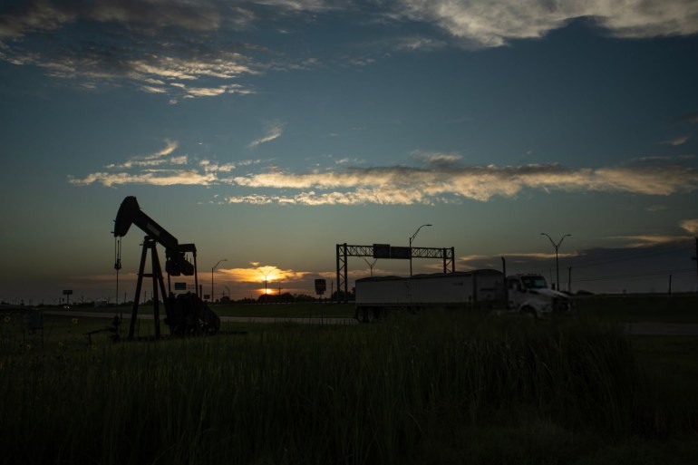 a pumpjack ahead of hurricane beryl's landfall in corpus christi, texas, us, on saturday, july 6, 2024. tropical storm beryl, currently in the gulf of mexico, is projected to create storm surge late sunday and monday from corpus christi to just south of houston, according to the national hurricane center. photographer: eddie seal/bloomberg via getty images