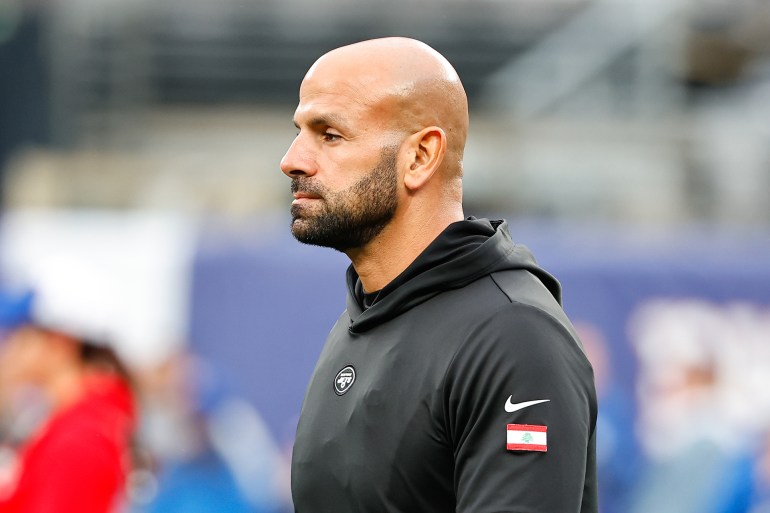 east rutherford, nj - october 29: robert saleh head coach of the new york jets enter the field prior to the game against the new york giants on october 29, 2023 at metlife stadium in east rutherford, new jersey. (photo by rich graessle/icon sportswire via getty images)