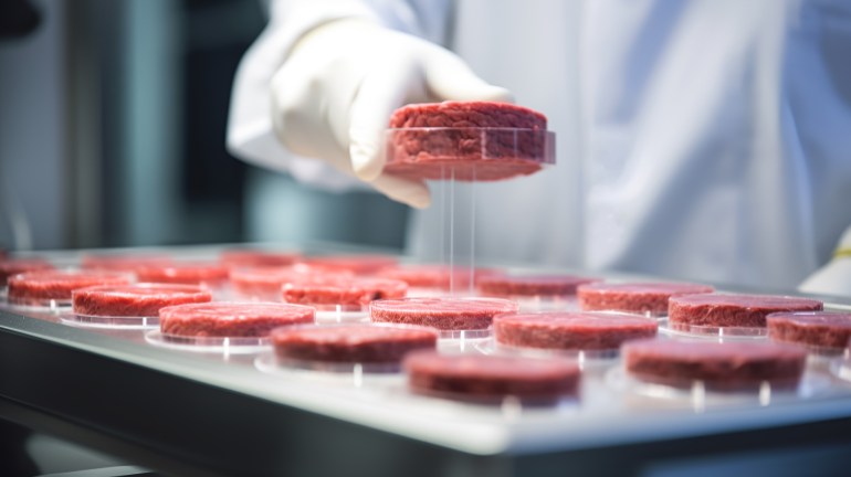 artificial protein meat grow in laboratory, cell-based synthetic meat , generative by ai side view أدوبي ستوك