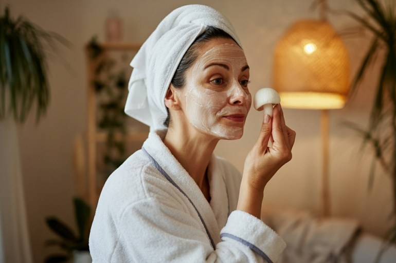 putting with hands snow white show mushroom on the face like loofa as if it is a skincare element, the woman is facing sides, very casual home setting, woman is in her 40s; shutterstock id 2514954525; purchase_order: aj; job: ; client: ; other: ; is_generated: true