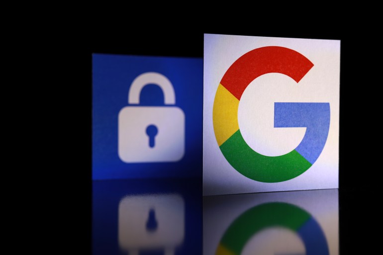 penang, malaysia - june 6, 2018: google security and privacy issues. close up google logo with the security lock icon isolated on black background.