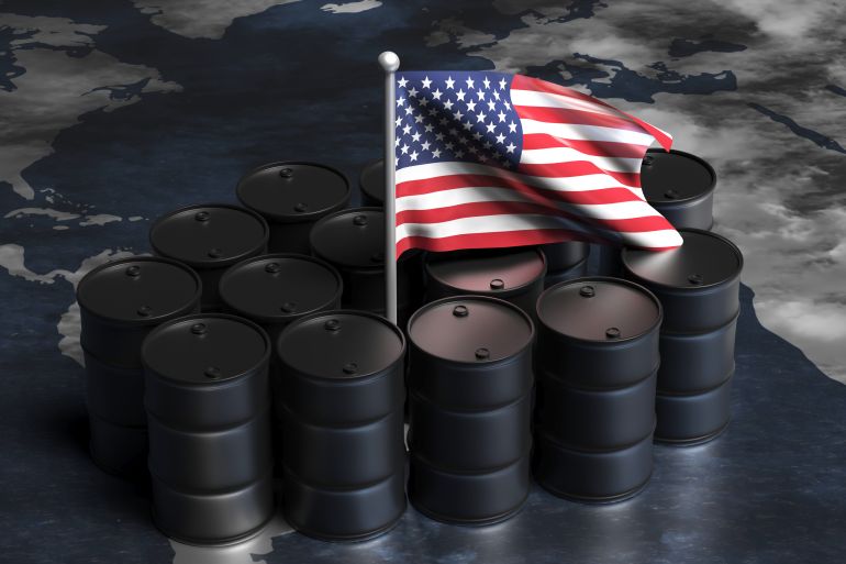 american oil industry, usa the largest oil producer. black drum barrels crude oil and flag of united states on a world map, 3d illustration