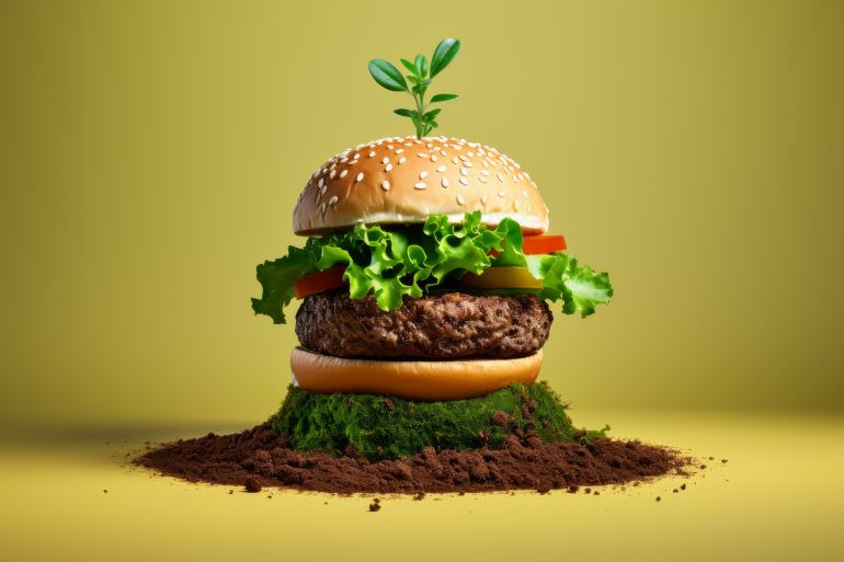 creative take on a vegan burger with fresh ingredients growing from the soil أدوبي ستوك