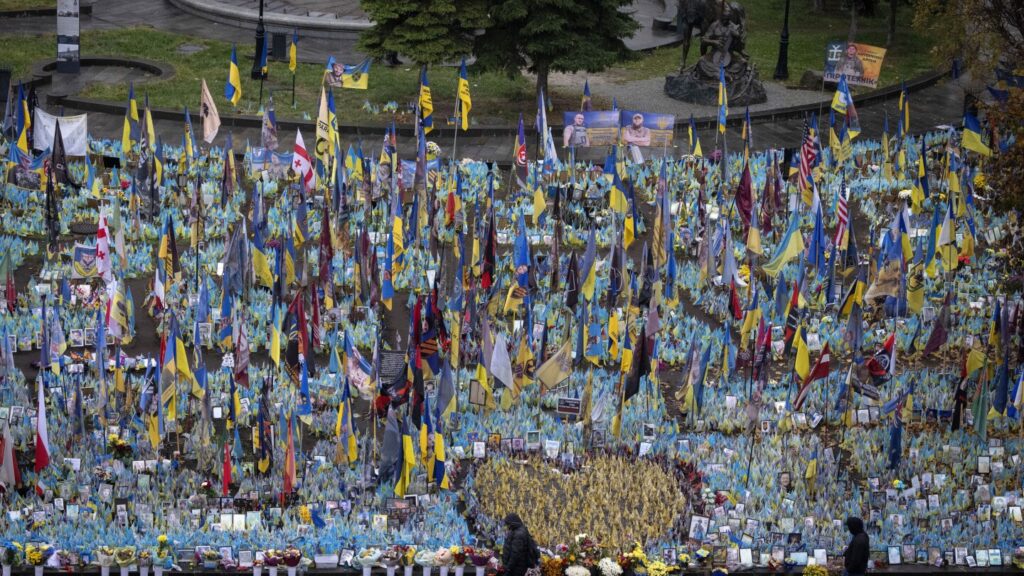 A makeshift memorial grows in Ukraine’s capital after 1,000 days of war