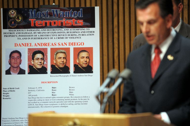 (FILES) FBI Assistant Director of the Counterterrorism Division Michael J. Heimbach announces Extreme animal rights activist Daniel Andreas San Diego as the latest addition to the FBI's ìMost Wanted Terrorist Listî April 21, 2009 at FBI headquarters in Washington, DC. - An animal rights activist who was on the FBI's most wanted terrorist list and has been on the run for more than 20 years has been arrested in Wales, the FBI said on November 26, 2024. Daniel Andreas San Diego, 46, who was wanted in connection with three bombings in California in 2003, was arrested on November 25, 2024, the bureau said in a statement. (Photo by Mandel NGAN / AFP)