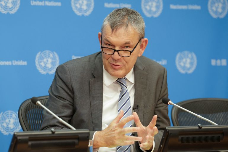 Philippe Lazzarini, the Commissioner General of the United Nations Relief and Works Agency for Palestine Refugees in the Near East (UNRWA) holds a briefing at U.N. headquarters in New York City, U.S., November 13, 2024. REUTERS/Kent Edwards