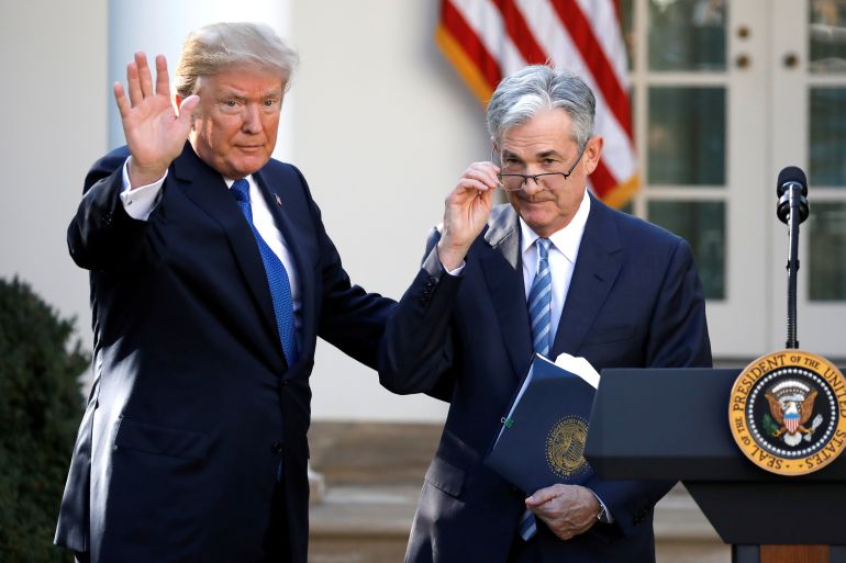 U.S. President Donald Trump gestures with Jerome Powell, his nominee to become chairman of the U.S. Federal Reserve at the White House in Washington, U.S., November 2, 2017. REUTERS/Carlos Barria TPX IMAGES OF THE DAY