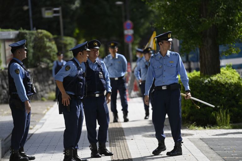 TOKYO, JAPAN - OCTOBER 20 : Police increase securities measure around the residence official of Japan Prime Minister and the headquarter of the Party Liberal Democrate on October 20, 2024, in Tokyo, Japan. After a man throwed molotov cocktails in front of the building of the Party and crashed his car at the entrance of the Prime minister official residence trying to force the barrier at the security check point the day before. (Photo by David Mareuil/Anadolu via Getty Images)