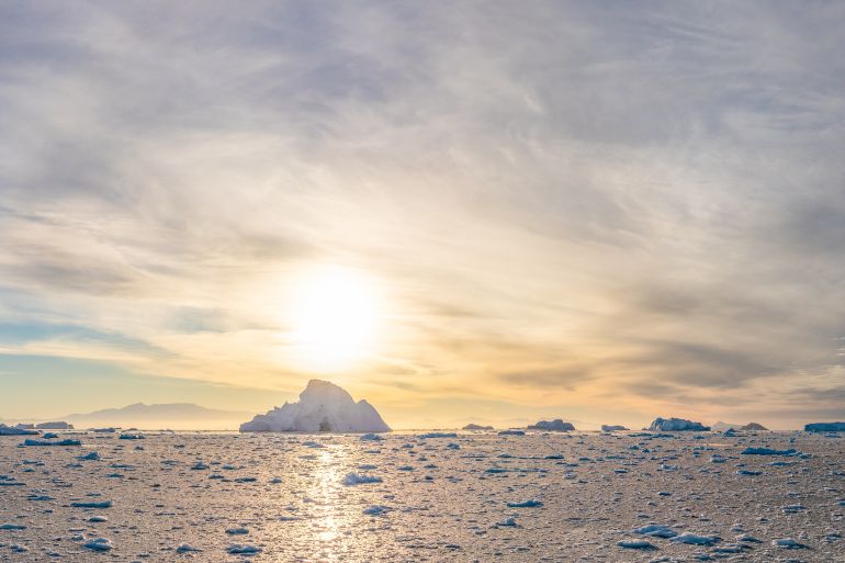 dramatic sunset evening atmosphere in Cierva Cove - a deep inlet on the west side of the Antarctic Peninsula, surrounded by Cierva Bay in San Martín Land - Antarctica