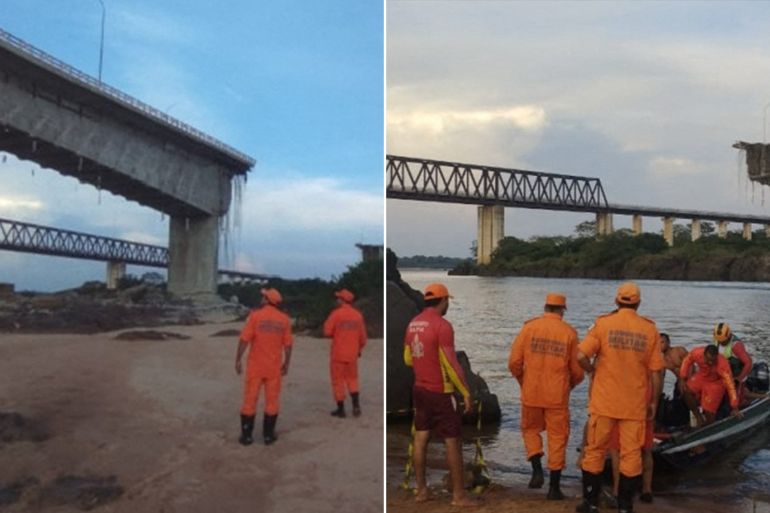 This handout photo released by Tocantins Fire Department shows firefighters during a rescue operation after the Juscelino Kubitschek de Oliveira bridge connecting Tocantins and Maranhao fell on December 22, 2024 over the Tocantins river at the city of Aguiarnopolis, Tocantins state, Brazil. (Photo by HANDOUT / TOCANTINS FIRE DEPARTMENT / AFP) / RESTRICTED TO EDITORIAL USE - MANDATORY CREDIT "AFP PHOTO / TOCANTINS FIRE DEPARTMENT" - NO MARKETING - NO ADVERTISING CAMPAIGNS - DISTRIBUTED AS A SERVICE TO CLIENTS