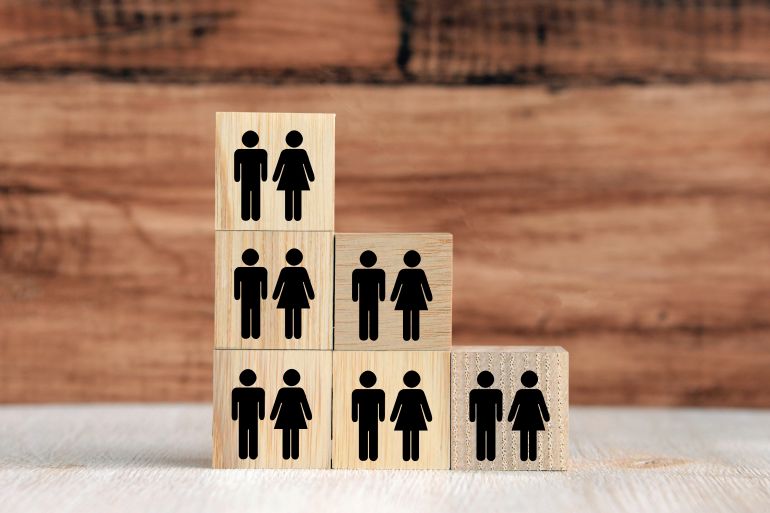 Decreasing graph composed by wooden blocks with human pictogram; Shutterstock ID 1628070769; purchase_order: aljazeera ; job: ; client: ; other: