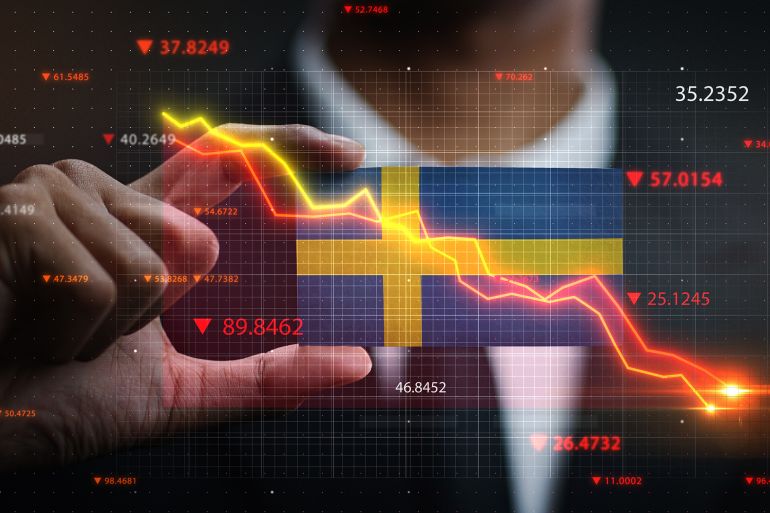 Graph Falling Down in Front Of Sweden Flag. Crisis Concept; Shutterstock ID 1702475404; purchase_order: AJA; job: ; client: ; other: